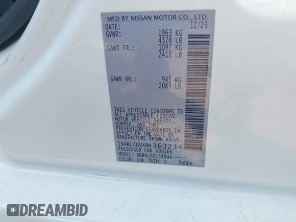 ✅ 2024 Nissan Altima S • VIN: 1N4BL4BVXRN363234 • Lot: 42786478. Wystawiony na IAAI z przebiegiem 38 428 mil. Bezpłatny archiwum sprzedaży aukcyjnych z USA i szczegółowy raport historii pojazdu na DreamBid. Zdjęcie 9.