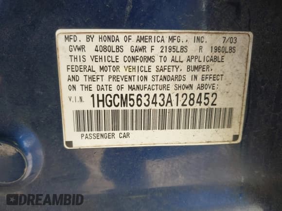 ✅ 2003 Honda Accord LX • VIN: 1HGCM56343A128452 • Лот: 43679597. Опубликован ранее на IAAI с пробегом 226 040 миль. Бесплатный доступ к архиву аукционных продаж из США и подробный отчёт об истории автомобиля на DreamBid. Изображение 9.