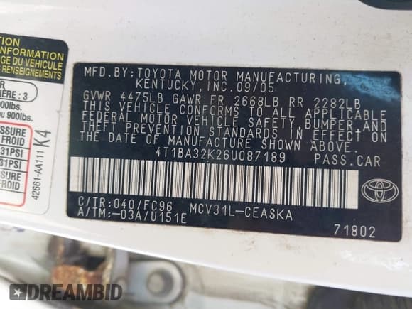 ✅ 2006 Toyota Camry SE • VIN: 4T1BA32K26U087189 • Lot: 41762428. Listed on IAAI with 235,776 mi. Free auction sales archive from the USA and detailed vehicle history report at DreamBid. Image 9.