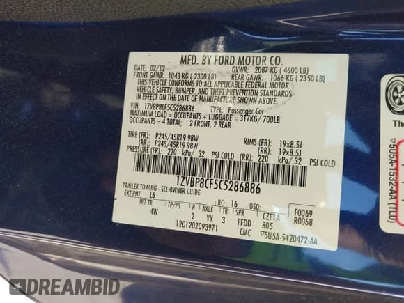 ✅ 2012 Ford Mustang GT Premium • VIN: 1ZVBP8CF5C5286886 • Lot: 43506889. Listed on IAAI with 101,397 mi. Free auction sales archive from the USA and detailed vehicle history report at DreamBid. Image 9.