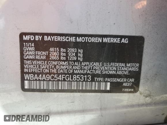 ✅ 2015 BMW 4 Series 428i • VIN: WBA4A9C54FGL85313 • Lot: 80354895. Listed on Copart with 67,744 mi. Free auction sales archive from the USA and detailed vehicle history report at DreamBid. Image 12.