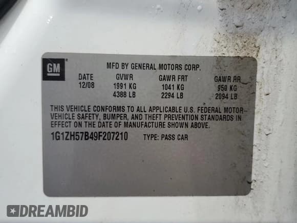 ✅ 2009 Chevrolet Malibu 1LT • VIN: 1G1ZH57B49F207210 • Lot: 72976414. Listed on Copart with 212,477 mi. Free auction sales archive from the USA and detailed vehicle history report at DreamBid. Image 12.