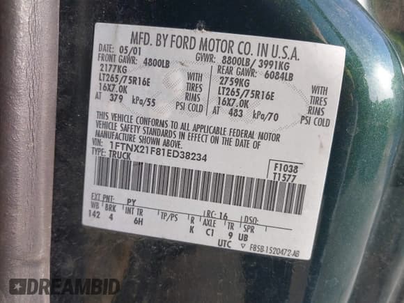 ✅ 2001 Ford F-250 XL • VIN: 1FTNX21F81ED38234 • Lot: 43190315. Listed on IAAI with 226,607 mi. Free auction sales archive from the USA and detailed vehicle history report at DreamBid. Image 9.