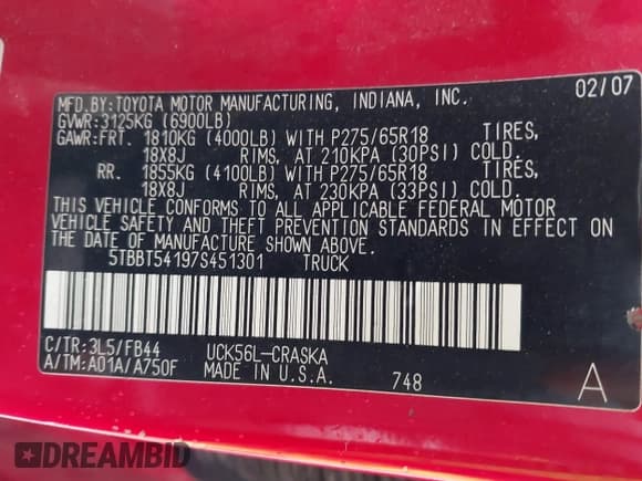✅ 2007 Toyota Tundra SR5 • VIN: 5TBBT54197S451301 • Lot: 42420158. Listed on IAAI with 246,935 mi. Free auction sales archive from the USA and detailed vehicle history report at DreamBid. Image 9.