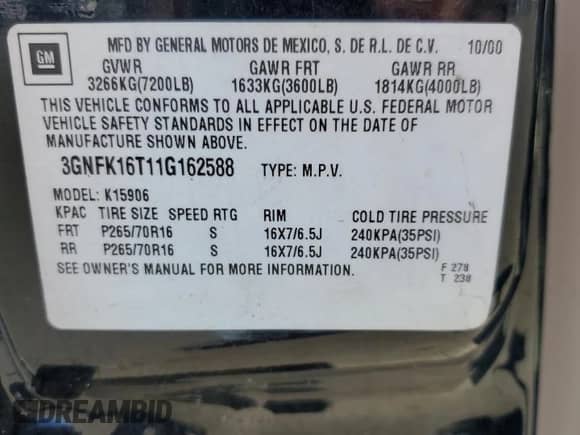 2001 Chevrolet Suburban LT с VIN 3GNFK16T11G162588, выставлен на аукционе Copart как лот 69821184 с пробегом 226 425 миль миль и Списание • Salvage title. История ставок и продаж доступна на DreamBid. Изображение 13.