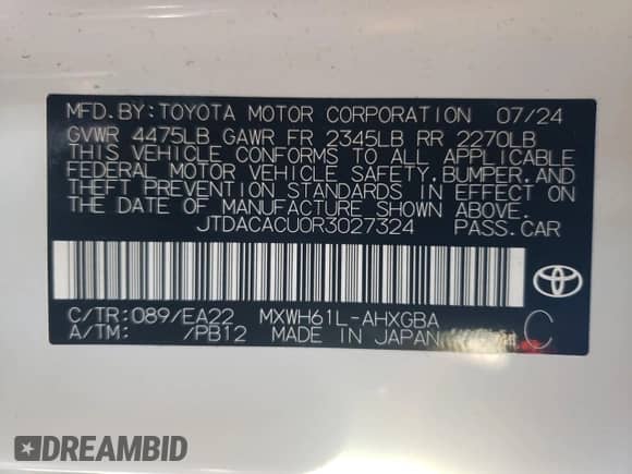 2024 Toyota Prius SE с VIN JTDACACU0R3027324, выставлен на аукционе Copart как лот 41729955 с пробегом 695 миль миль и Списание • Salvage title. История ставок и продаж доступна на DreamBid. Изображение 13.