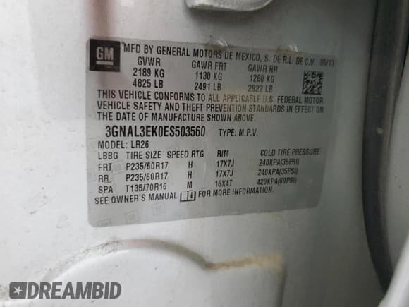 ✅ 2014 Chevrolet Captiva Sport LT • VIN: 3GNAL3EK0ES503560 • Lot: 70646955. Listed on Copart with 155,698 mi. Free auction sales archive from the USA and detailed vehicle history report at DreamBid. Image 13.