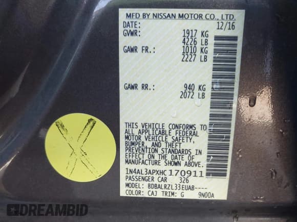 ✅ 2017 Nissan Altima SR • VIN: 1N4AL3APXHC170911 • Lot: 42235224. Listed on IAAI with 128,695 mi. Free auction sales archive from the USA and detailed vehicle history report at DreamBid. Image 9.