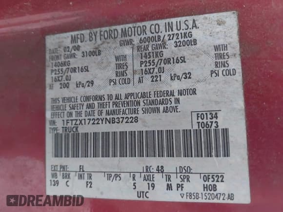 ✅ 2000 Ford F-150 XL • VIN: 1FTZX1722YNB37228 • Lot: 42241027. Listed on IAAI with Not provided. Free auction sales archive from the USA and detailed vehicle history report at DreamBid. Image 9.