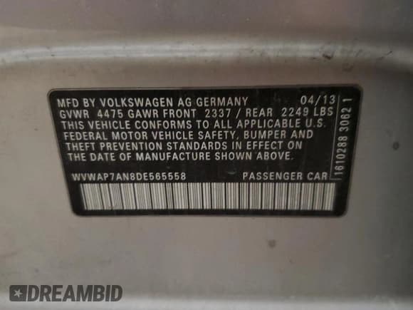 ✅ 2013 Volkswagen CC R-Line • VIN: WVWAP7AN8DE565558 • Lot: 66544685. Listed on Copart with 181,638 mi. Free auction sales archive from the USA and detailed vehicle history report at DreamBid. Image 13.