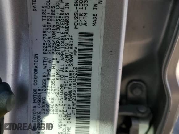 2001 Toyota Highlander с VIN JTEHF21A210040212, выставлен на аукционе Copart как лот 84726285 с пробегом Не указан миль и Списание • Salvage title. История ставок и продаж доступна на DreamBid. Изображение 13.