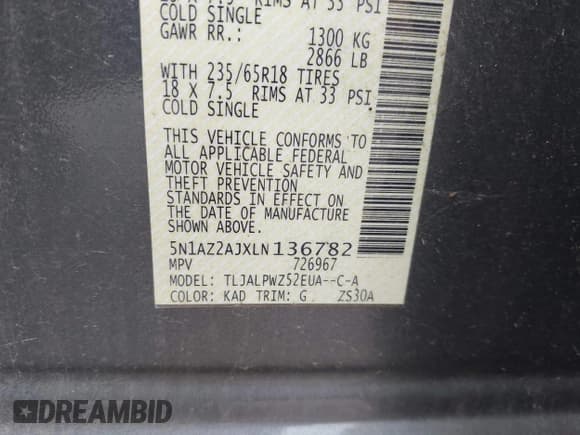 ✅ 2020 Nissan Murano S • VIN: 5N1AZ2AJXLN136782 • Lot: 43015918. Listed on IAAI with 128,569 mi. Free auction sales archive from the USA and detailed vehicle history report at DreamBid. Image 9.