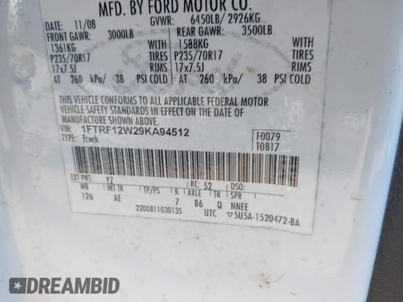 ✅ 2009 Ford F-150 XL • VIN: 1FTRF12W29KA94512 • Lot: 43915799. Listed on IAAI with 130,559 mi. Free auction sales archive from the USA and detailed vehicle history report at DreamBid. Image 9.