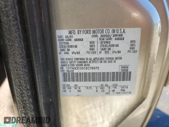 ✅ 2001 Ford F-250 XL • VIN: 1FTNX21S51EC78572 • Lot: 84765425. Listed on Copart with 149,109 mi. Free auction sales archive from the USA and detailed vehicle history report at DreamBid. Image 12.