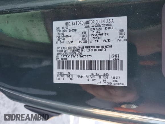 ✅ 2003 Ford F-150 XL • VIN: 1FTRX18W13NA70373 • Lot: 70267965. Listed on Copart with 71,366 mi. Free auction sales archive from the USA and detailed vehicle history report at DreamBid. Image 12.