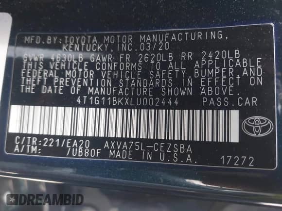 2020 Toyota Camry SE with VIN 4T1G11BKXLU002444, listed as a IAAI auction lot 41948501 with 53,902 mi miles and . Bid and sale history available at DreamBid. Image 9.