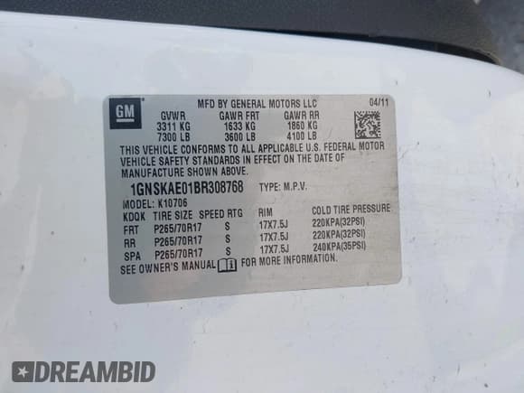 ✅ 2011 Chevrolet Tahoe LS • VIN: 1GNSKAE01BR308768 • Lot: 42262573. Listed on IAAI with 268,966 mi. Free auction sales archive from the USA and detailed vehicle history report at DreamBid. Image 9.