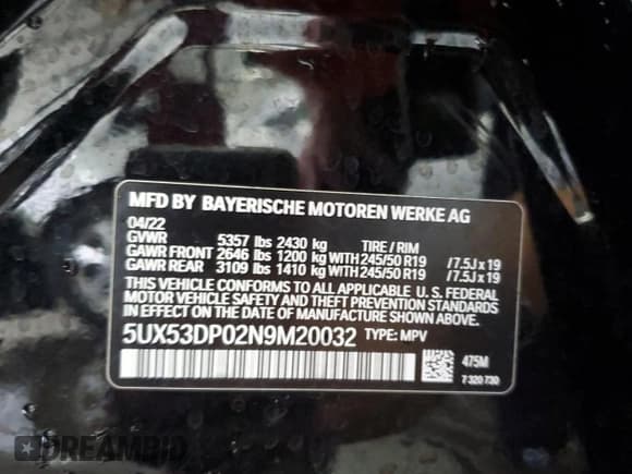 ✅ 2022 BMW X3 xDrive30i • VIN: 5UX53DP02N9M20032 • Lot: 61430555. Listed on Copart with 38,854 mi. Free auction sales archive from the USA and detailed vehicle history report at DreamBid. Image 14.