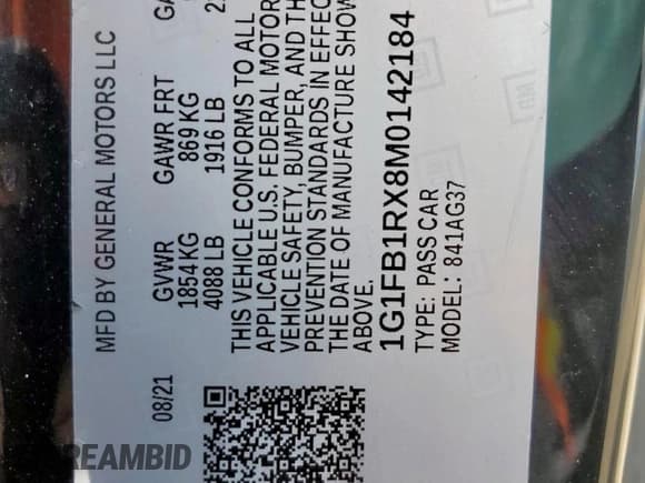 ✅ 2021 Chevrolet Camaro 1LS • VIN: 1G1FB1RX8M0142184 • Lot: 81690585. Listed on Copart with 48,075 mi. Free auction sales archive from the USA and detailed vehicle history report at DreamBid. Image 12.