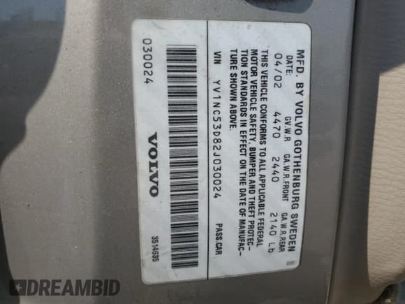 ✅ 2002 Volvo C70 • VIN: YV1NC53D82J030024 • Lot: 59295205. Listed on Copart with 103,512 mi. Free auction sales archive from the USA and detailed vehicle history report at DreamBid. Image 12.