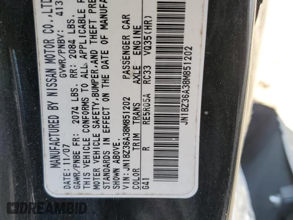 ✅ 2008 Nissan 350Z Touring • VIN: JN1BZ36A38M851202 • Lot: 68122745. Listed on Copart with 160,500 mi. Free auction sales archive from the USA and detailed vehicle history report at DreamBid. Image 13.