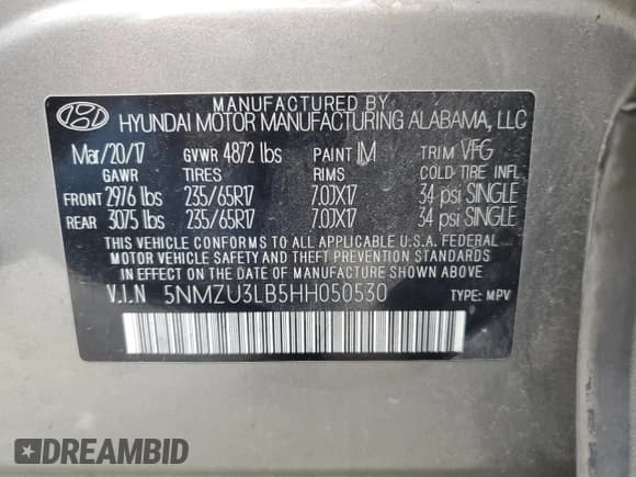 ✅ 2017 Hyundai Santa Fe 2.4L • VIN: 5NMZU3LB5HH050530 • Лот: 70872963. Опубликован ранее на Copart с пробегом 207 404 миль. Бесплатный доступ к архиву аукционных продаж из США и подробный отчёт об истории автомобиля на DreamBid. Изображение 14.