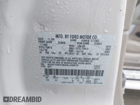 ✅ 2010 Mercury Mariner Premier • VIN: 4M2CN9HG8AKJ09679 • Lot: 41472049. Listed on IAAI with 99,554 mi. Free auction sales archive from the USA and detailed vehicle history report at DreamBid. Image 9.