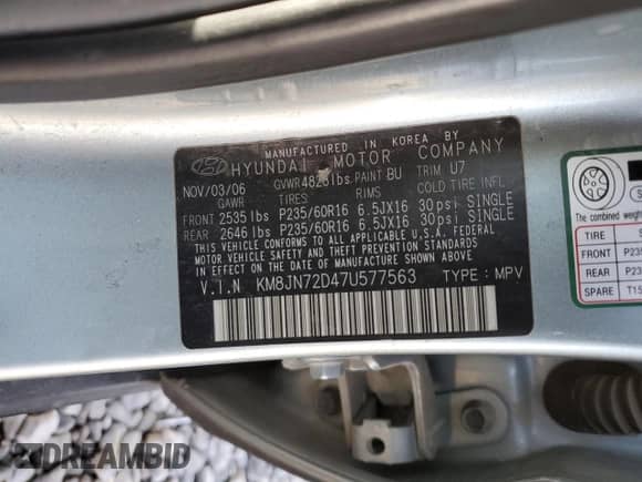 2007 Hyundai Tucson SE z VIN KM8JN72D47U577563, wystawiony jako Copart lot #85229014 z przebiegiem 254 728 mil mil oraz Szkoda całkowita • Salvage title. Historia ofert i sprzedaży dostępna na DreamBid. Obrazek 12.