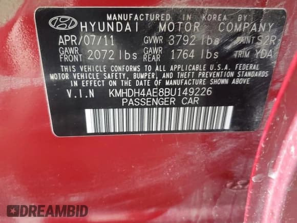 ✅ 2011 Hyundai Elantra GLS • VIN: KMHDH4AE8BU149226 • Lot: 60097925. Listed on Copart with 157,677 mi. Free auction sales archive from the USA and detailed vehicle history report at DreamBid. Image 12.