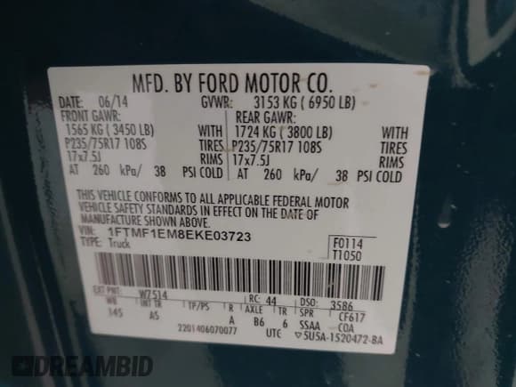 ✅ 2014 Ford F-150 XL • VIN: 1FTMF1EM8EKE03723 • Lot: 41323405. Listed on IAAI with 176,478 mi. Free auction sales archive from the USA and detailed vehicle history report at DreamBid. Image 9.