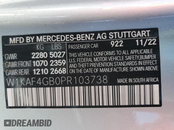 ✅ 2023 Mercedes-Benz C 300 • VIN: W1KAF4GB0PR103738 • Lot: 54729305. Listed on Copart with Not provided. Free auction sales archive from the USA and detailed vehicle history report at DreamBid. Image 13.