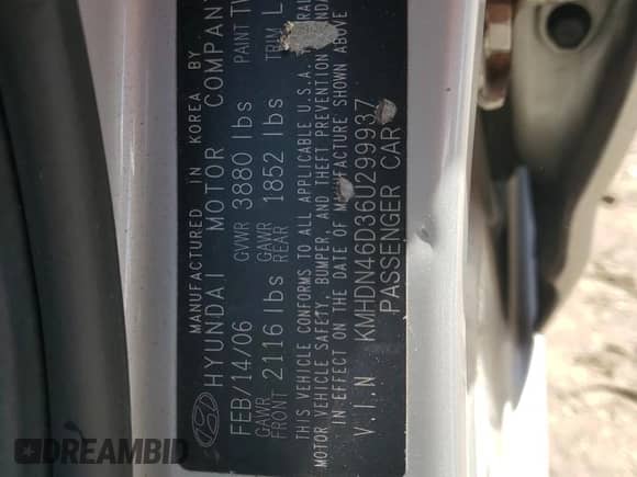 2006 Hyundai Elantra GLS z VIN KMHDN46D36U299937, wystawiony jako Copart lot #72711194 z przebiegiem 85 533 mil mil oraz Szkoda całkowita • Salvage title. Historia ofert i sprzedaży dostępna na DreamBid. Obrazek 12.