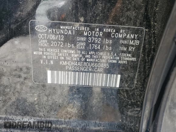 ✅ 2013 Hyundai Elantra Limited • VIN: KMHDH4AE8DU660485 • Lot: 58423745. Listed on Copart with 159,330 mi. Free auction sales archive from the USA and detailed vehicle history report at DreamBid. Image 12.