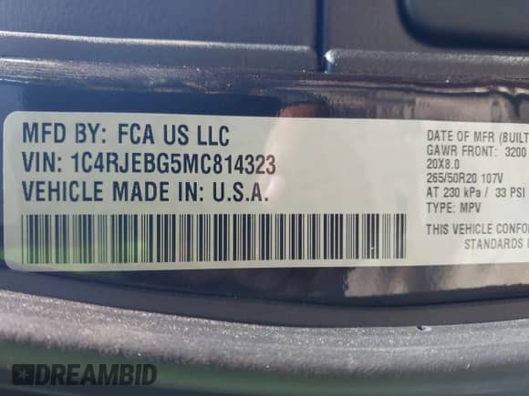 2021 Jeep Grand Cherokee 80th Anniversary with VIN 1C4RJEBG5MC814323, listed as a IAAI auction lot 42813731 with 25,479 mi miles and . Bid and sale history available at DreamBid. Image 9.