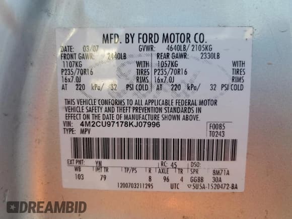 ✅ 2008 Mercury Mariner Premier • VIN: 4M2CU97178KJ07996 • Лот: 81925495. Опубликован ранее на Copart с пробегом 187 417 миль. Бесплатный доступ к архиву аукционных продаж из США и подробный отчёт об истории автомобиля на DreamBid. Изображение 13.