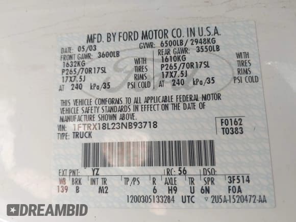 ✅ 2003 Ford F-150 XL • VIN: 1FTRX18L23NB93718 • Lot: 42286043. Listed on IAAI with 274,079 mi. Free auction sales archive from the USA and detailed vehicle history report at DreamBid. Image 9.
