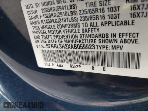 ✅ 2010 Honda Odyssey LX • VIN: 5FNRL3H2XAB059923 • Lot: 42959356. Listed on IAAI with 219,373 mi. Free auction sales archive from the USA and detailed vehicle history report at DreamBid. Image 9.