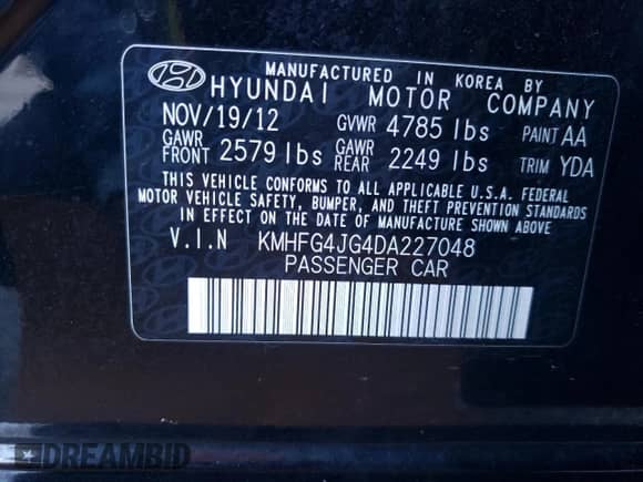 2013 Hyundai Azera with VIN KMHFG4JG4DA227048, listed as a Copart auction lot 86703774 with 96,641 mi miles and Salvage title. Bid and sale history available at DreamBid. Image 14.