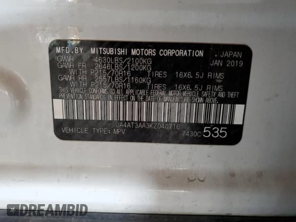 ✅ 2019 Mitsubishi Eclipse Cross ES • VIN: JA4AT3AA3KZ040716 • Lot: 60276285. Wystawiony na Copart z przebiegiem 159 255 mil. Bezpłatny archiwum sprzedaży aukcyjnych z USA i szczegółowy raport historii pojazdu na DreamBid. Zdjęcie 12.