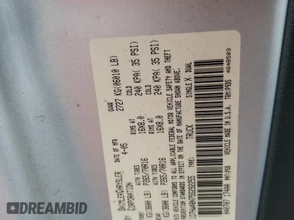 ✅ 2005 Dodge Dakota SLT • VIN: 1D7HW48N75S292255 • Lot: 80596074. Listed on Copart with 255,776 mi miles. Access the free auction sales archive from the USA and view a detailed vehicle history report at DreamBid. Image 12.