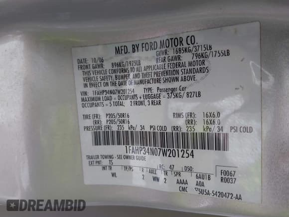 ✅ 2007 Ford Focus S • VIN: 1FAHP34N07W201254 • Лот: 43920540. Опубликован ранее на IAAI с пробегом 136 000 миль. Бесплатный доступ к архиву аукционных продаж из США и подробный отчёт об истории автомобиля на DreamBid. Изображение 9.