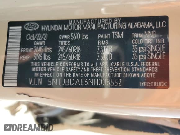 ✅ 2022 Hyundai Santa Cruz SEL • VIN: 5NTJBDAE6NH008552 • Lot: 82109745. Listed on Copart with 45,686 mi. Free auction sales archive from the USA and detailed vehicle history report at DreamBid. Image 13.