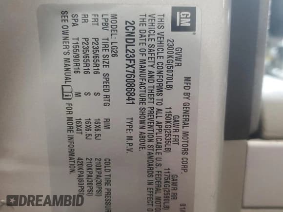 ✅ 2007 Chevrolet Equinox LS • VIN: 2CNDL23FX76086841 • Лот: 42398455. Опубликован ранее на Copart с пробегом 112 318 миль. Бесплатный доступ к архиву аукционных продаж из США и подробный отчёт об истории автомобиля на DreamBid. Изображение 13.