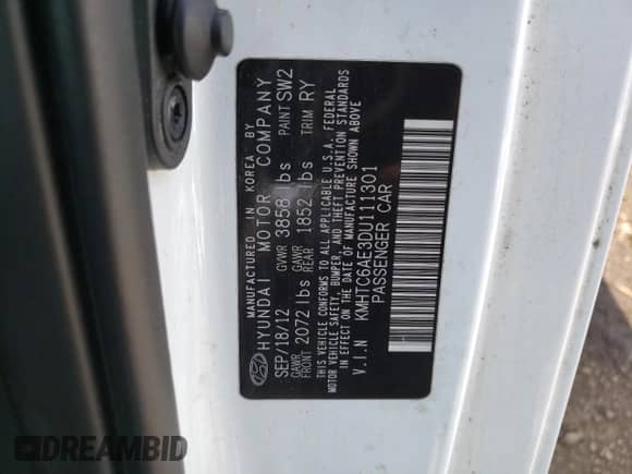 2013 Hyundai Veloster Turbo z VIN KMHTC6AE3DU111301, wystawiony jako Copart lot #67575034 z przebiegiem Nie podano mil oraz Szkoda całkowita • Salvage title. Historia ofert i sprzedaży dostępna na DreamBid. Obrazek 13.