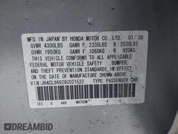 ✅ 2008 Acura TSX Nav • VIN: JH4CL96928C021522 • Lot: 41782013. Listed on IAAI with 116,655 mi. Free auction sales archive from the USA and detailed vehicle history report at DreamBid. Image 9.