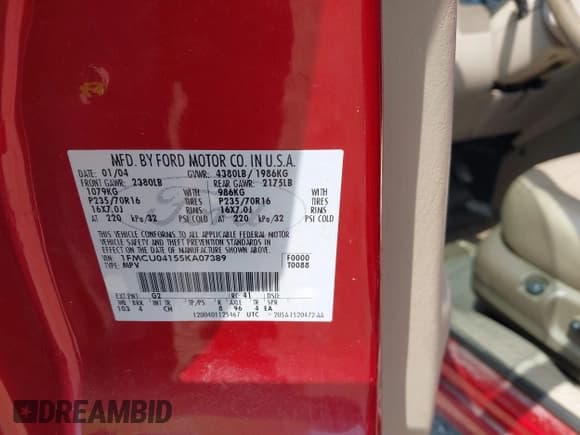 ✅ 2005 Ford Escape Limited • VIN: 1FMCU04155KA07389 • Lot: 42646492. Listed on IAAI with 106,015 mi. Free auction sales archive from the USA and detailed vehicle history report at DreamBid. Image 9.