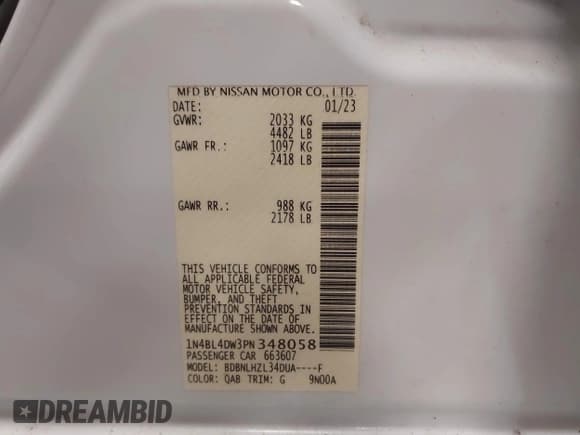 ✅ 2023 Nissan Altima SV • VIN: 1N4BL4DW3PN348058 • Lot: 43380712. Wystawiony na IAAI z przebiegiem 44 623 mil. Bezpłatny archiwum sprzedaży aukcyjnych z USA i szczegółowy raport historii pojazdu na DreamBid. Zdjęcie 9.