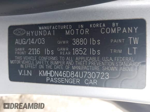 2004 Hyundai Elantra GLS with VIN KMHDN46D84U730723, listed as a IAAI auction lot 43415786 with 75,089 mi miles and . Bid and sale history available at DreamBid. Image 9.