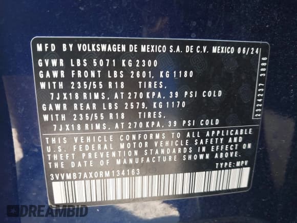 ✅ 2024 Volkswagen Tiguan SE • VIN: 3VVMB7AX0RM134163 • Lot: 43263812. Wystawiony na IAAI z przebiegiem 10 479 mil. Bezpłatny archiwum sprzedaży aukcyjnych z USA i szczegółowy raport historii pojazdu na DreamBid. Zdjęcie 9.
