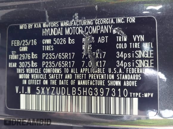 ✅ 2017 Hyundai Santa Fe 2.4L • VIN: 5XYZUDLB5HG397310 • Lot: 42314099. Listed on IAAI with 99,061 mi. Free auction sales archive from the USA and detailed vehicle history report at DreamBid. Image 9.